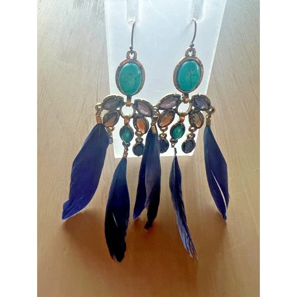 Boho Western Feather Earrings Turquoise Look Stone Chandelier Dangle‎ Cowgirl